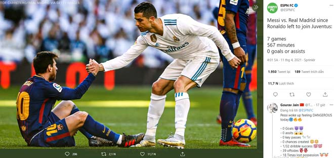 Theo ESPN, Messi tịt ngòi ở Siêu kinh điển từ khi Ronaldo gia nhập Juventus