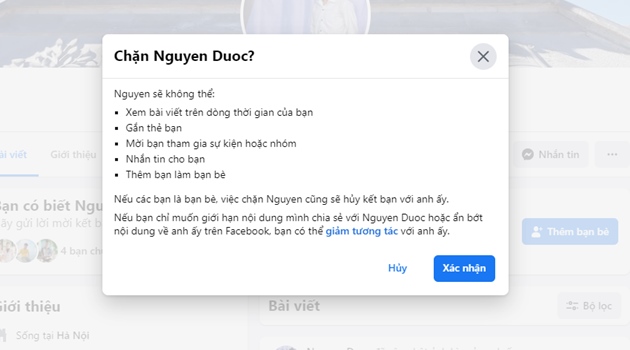 Xác nhận chặn tất cả các phương thức liên lạc với nhau trên Facebook.