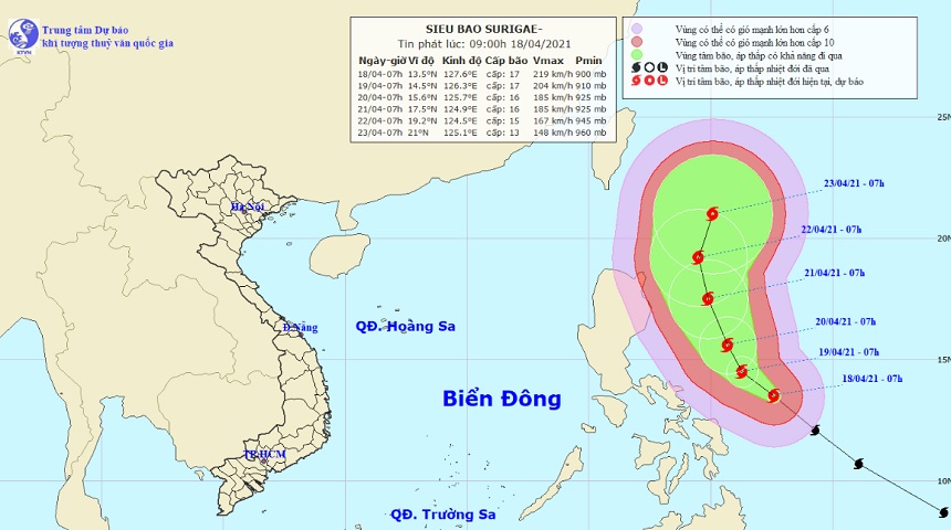 Vị trí và hướng di chuyển tiếp theo của siêu bão Surigae. Ảnh Trung tâm Dự báo KTTVQG.