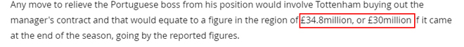 Báo chí xứ sở sương mù tiết lộ Mourinho sẽ được Tottenham đền bù&nbsp;từ 30 triệu -34,8 triệu bảng 2 năm còn lại trong hợp đồng