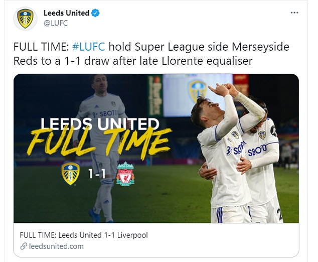 Trang Twitter chính thức của Leeds châm chọc Liverpool