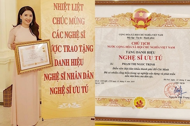 Sau nhiều năm hoạt động nghệ thuật miệt mài, Ngọc Trinh được trao tặng danh hiệu Nghệ sĩ Ưu tú vào hồi tháng 8/2019.
