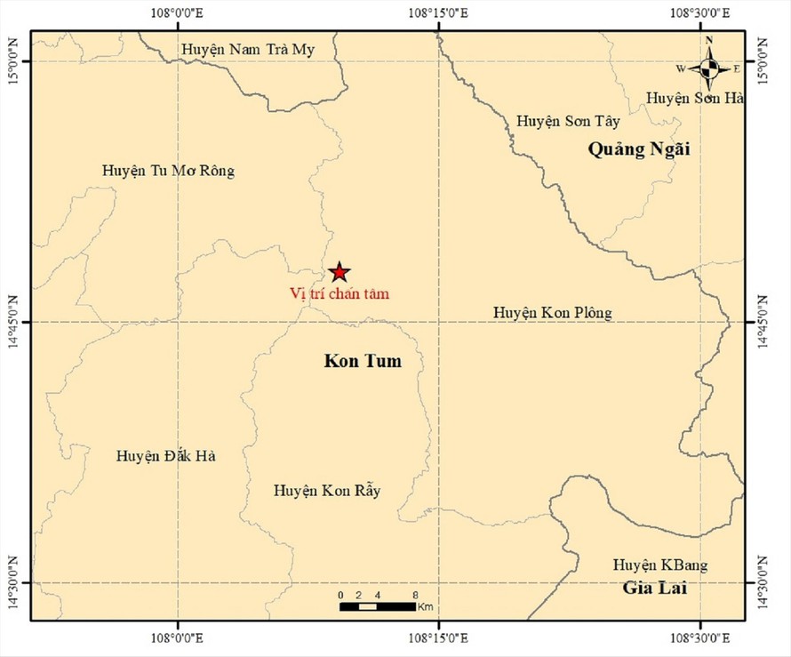 Tâm chấn trận động đất mới nhất xảy ra tại huyện Kon Plông, Kon Tum