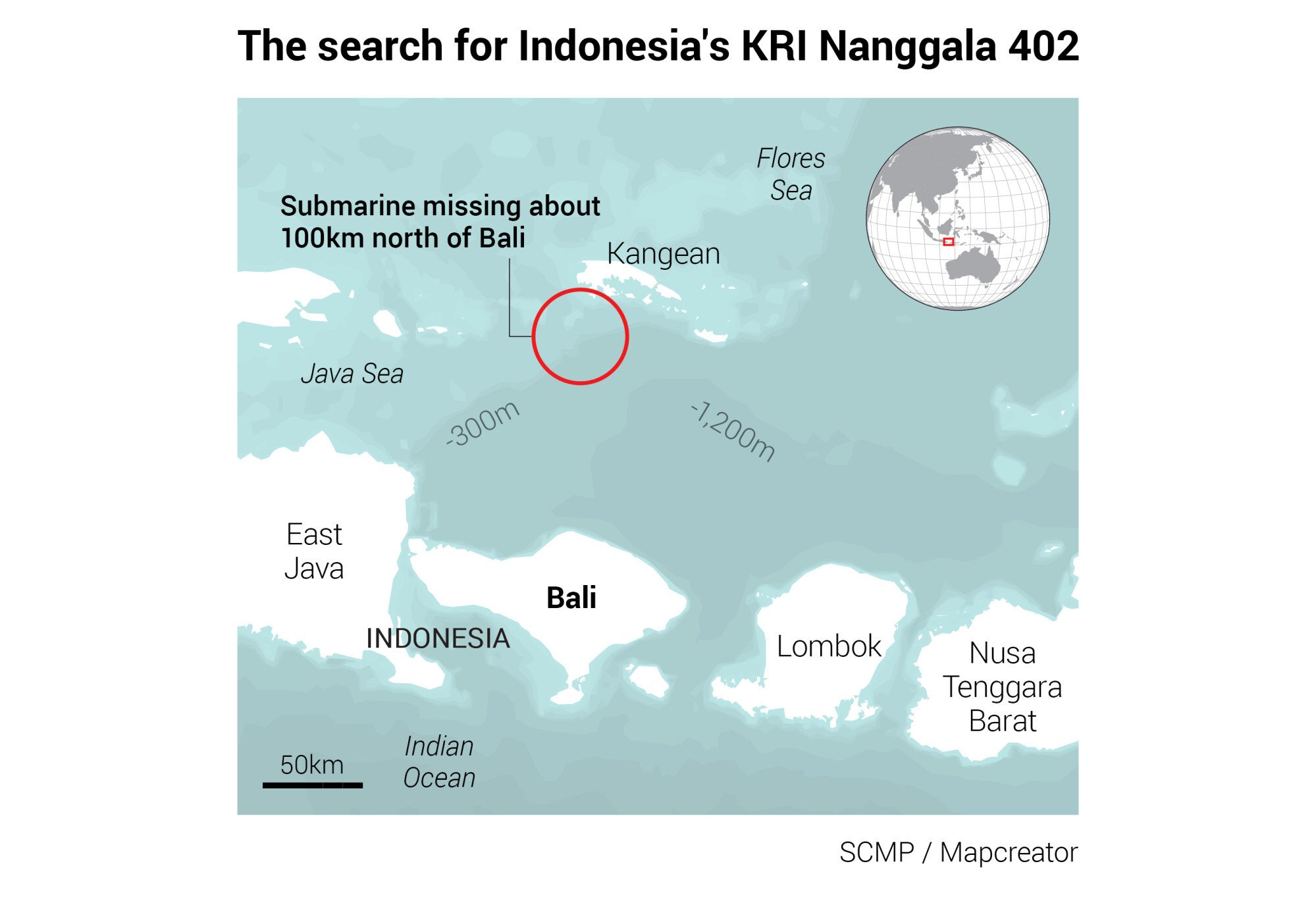 Vị trí tàu ngầm Indonesia mất tích (khoanh tròn đỏ). Ảnh: SCMP