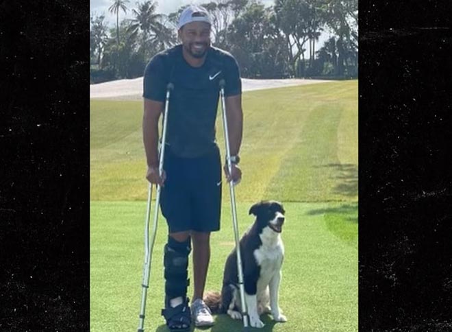 Tiger Woods dắt chó đi dạo trên sân golf