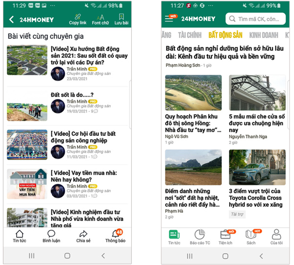 Các bài viết phân tích về thị trường bất động sản của chuyên gia trên app 24hMoney được cập nhật liên tục giúp nhà đầu tư BĐS tránh được rủi ro không đáng có