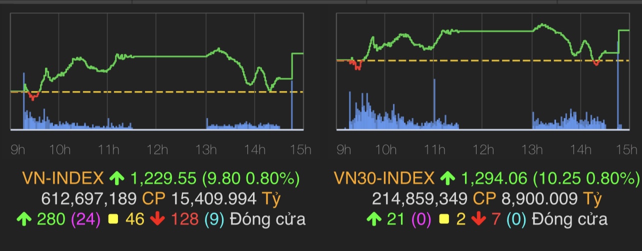 VN-Index tăng 9,8 điểm (0,8%) lên 1.229,55 điểm.