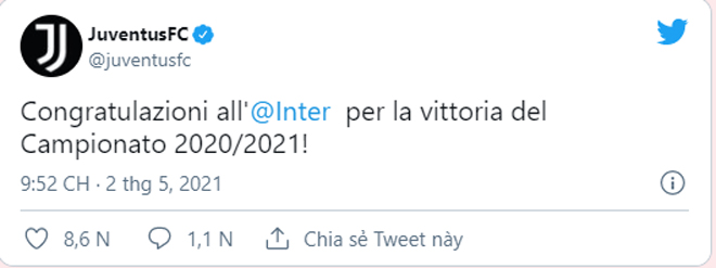 Juventus cay đắng chúc mừng đối thủ truyền kiếp Inter Milan đăng quang chức vô địch Serie A năm nay