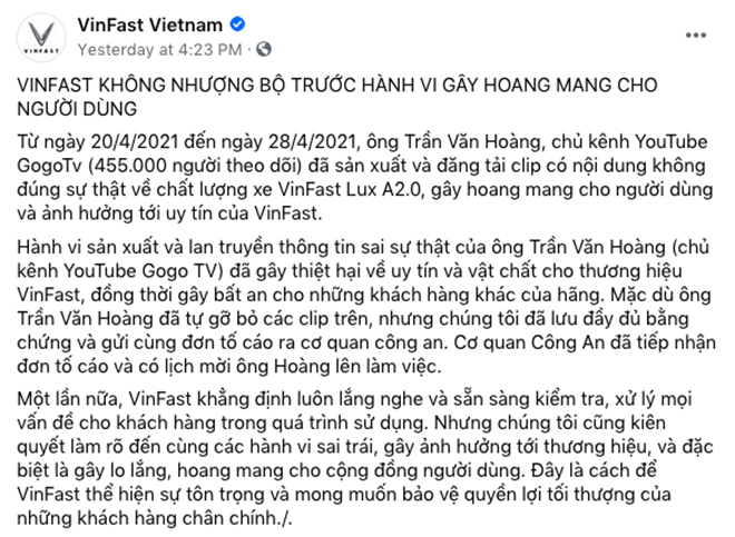 VinFast lên tiếng vụ chủ xe Lux A2.0 báo lỗi sai sự thật - 1