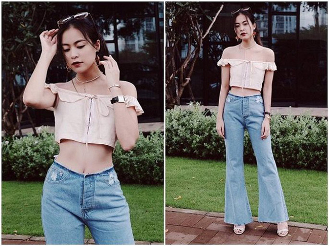 Diện áo croptop và quần ống loe lưng cao cũng là cách để cô nàng &#34;hack&#34; chiều cao.
