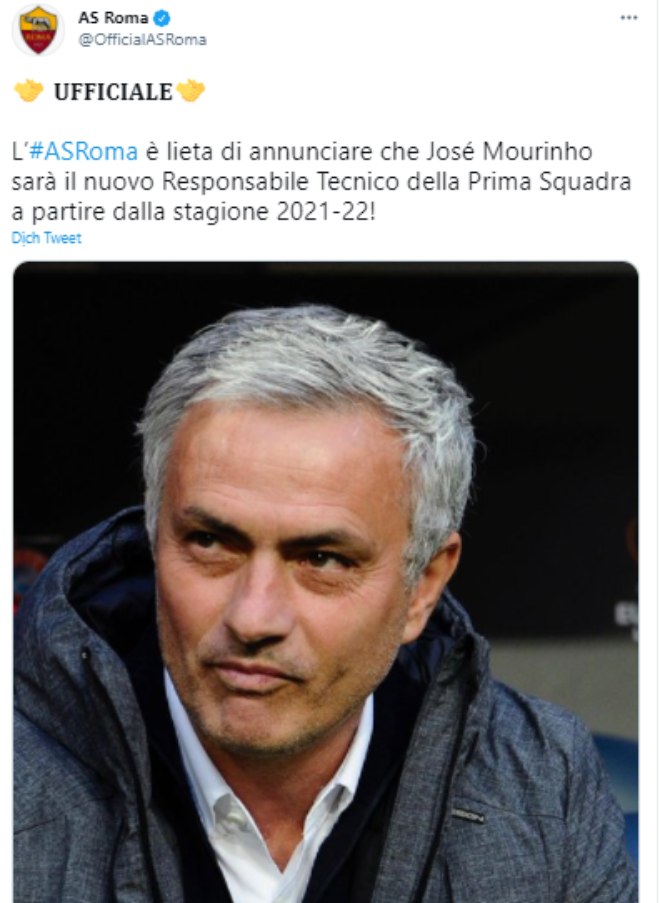 Jose Mourinho sẽ dẫn dắt AS Roma từ mùa giải 2021/22
