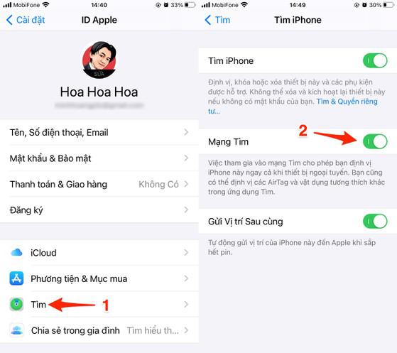 Cách kích hoạt tính năng Find My network (mạng tìm) trên iPhone, iPad. Ảnh: MINH HOÀNG