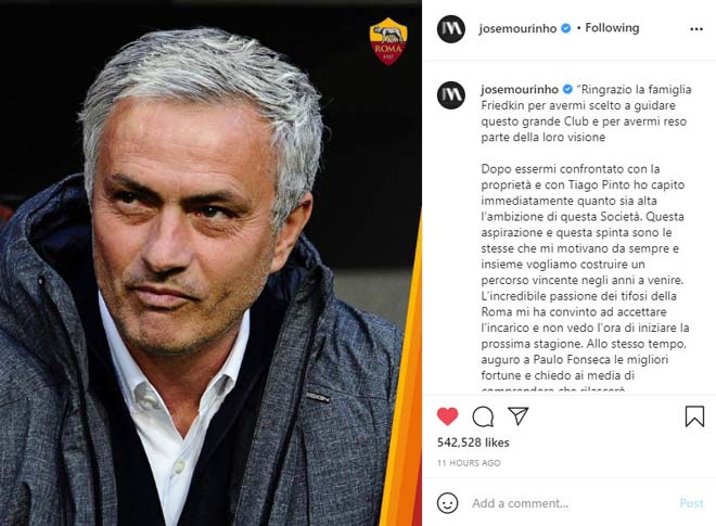 Chia sẻ đầu tiên của Mourinho về AS Roma