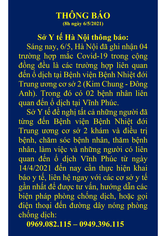 Thông báo khẩn của Sở Y tế Hà Nội