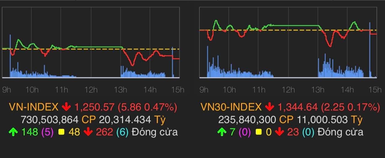 VN-Index giảm 5,86 điểm (0,47%) xuống 1.250,57 điểm