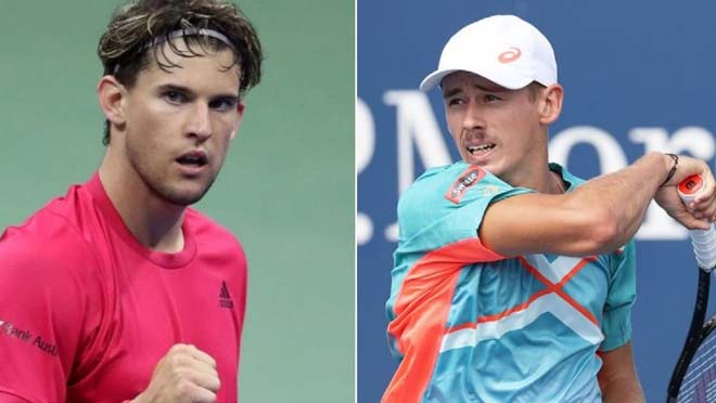 Thiem (trái) gặp nhiều khó khăn khi đấu De Minaur