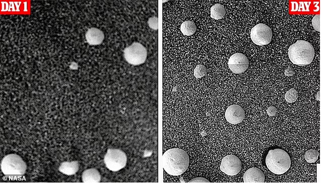 2 bức ảnh chụp cách nhau 2 ngày cho thấy vật thể giống nấm như đã mọc thêm. NASA cho rằng đó là đá chuyển dịch do băng tan, nhóm nghiên cứu khẳng định là bằng chứng của sự sống ngoài hành tinh - Ảnh: NASA