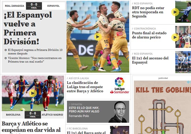 Nhật báo Mundo Deportivo ưu tiên đăng tin Espanyol thăng hạng La Liga thay vì đưa kết quả trận cầu đinh Barca - Atletico Madrid đầu trang