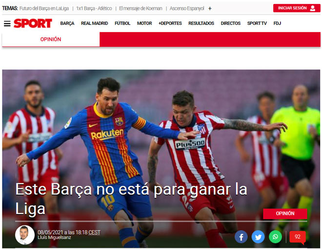 Tờ Sport đánh giá Barca không xứng đáng vô địch La Liga mùa này dù vẫn còn nhen nhóm hy vọng cạnh tranh với Atletico Madrid và Real Madrid