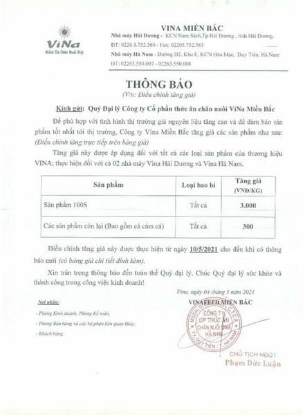 Công ty Vina miền Bắc (nhà máy Hải Dương và Hà Nam) đã đưa ra thông báo tăng giá đối với tất cả các sản phẩm của thương hiệu VINA.