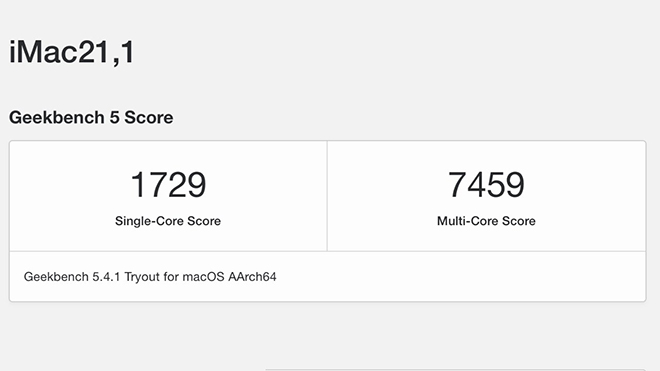 Điểm số lõi đơn và đa lõi của iMac 24 inch M1.