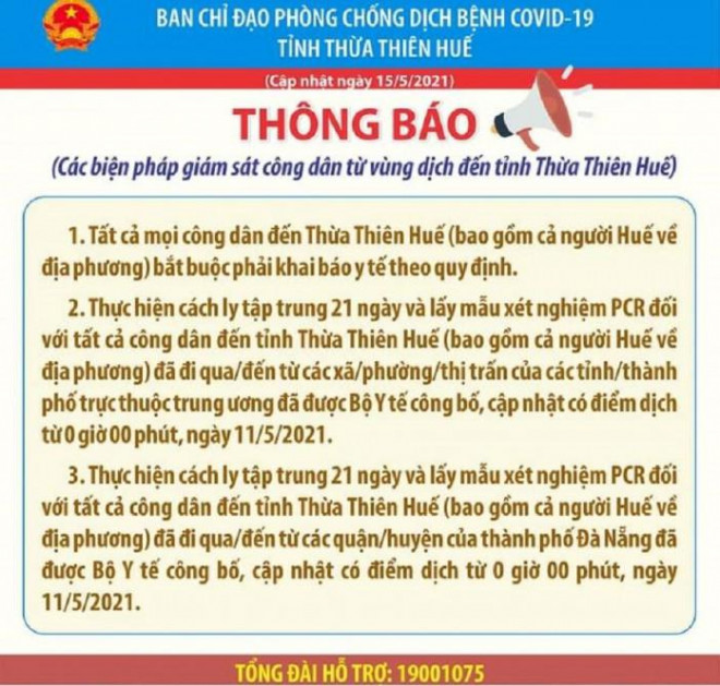 Thông báo chính thức Ban Chỉ đạo phòng, chống dịch Covid-19 tỉnh Thừa Thiên Huế vừa phát đi chiều 15/5