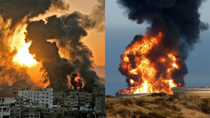 Cảnh khói lửa ở Dải Gaza sau một đợt không kích của Israel và hình ảnh rocket Hamas nhắm vào một nhà máy lọc dầu ở thành phố Ashkelon, Israel.