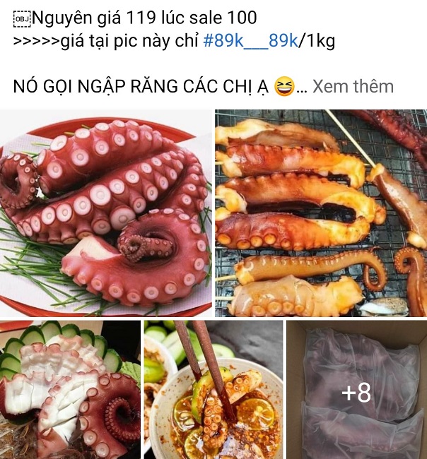 Hình ảnh bắt mắt, giá lại rẻ nên râu bạch tuộc "khổng lồ" đang được rao bán tràn lan trên chợ mạng. (Ảnh chụp màn hình).