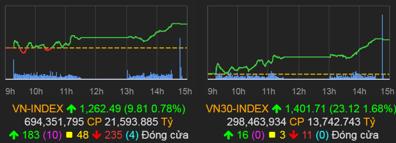 VN-Index tăng 9,81 điểm (0,78%) lên 1.262,49 điểm.