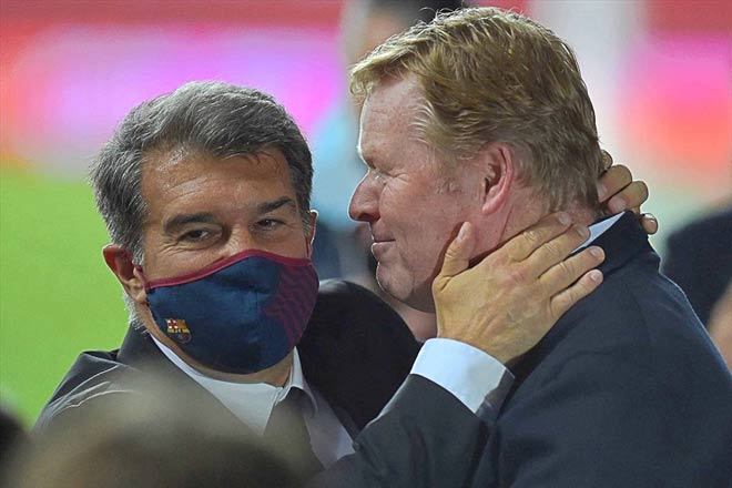 Tân Chủ tịch Barca Joan Laporta (trái) sẽ họp khẩn với HLV Ronald Koeman đầu tuần sau để chốt tương lai của chiến lược gia người Hà Lan