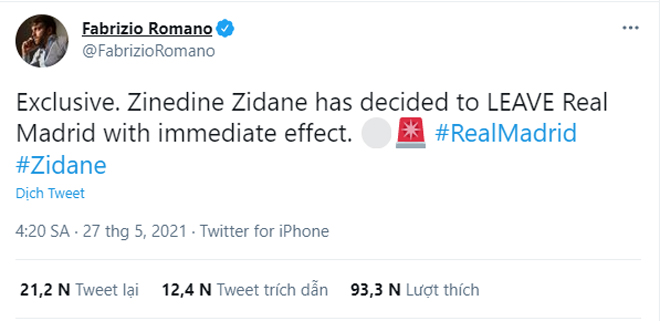 
Nhà báo uy tín Fabrizio Romano khẳng định trên trang Twitter cá nhân rằng HLV Zinedine Zidane vừa quyết định rời "ghế nóng" của Real Madrid ngay lập tức