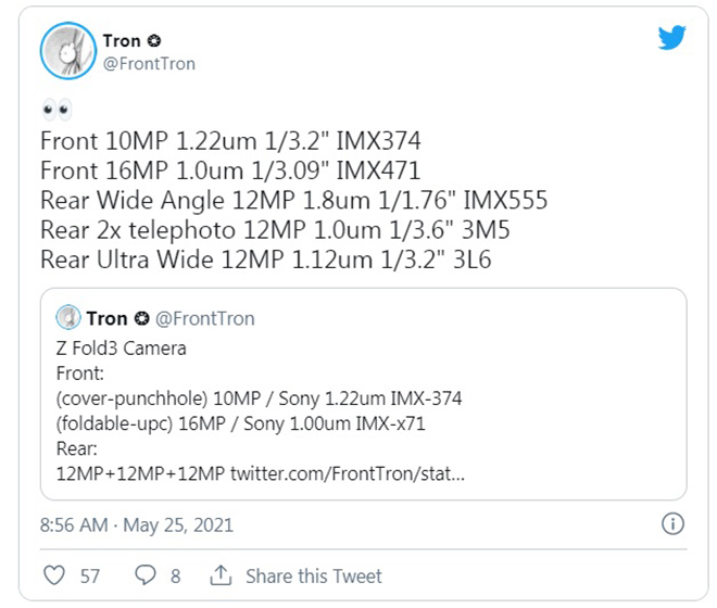 Thông số camera dự kiến của Galaxy Z Fold 3.