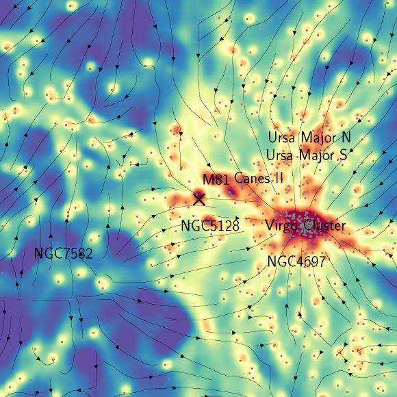 Bản đồ vật chất tối với dấu X đánh dấu thiên hà chứa Trái Đất - Ảnh đồ họa từ nhóm nghiên cứu