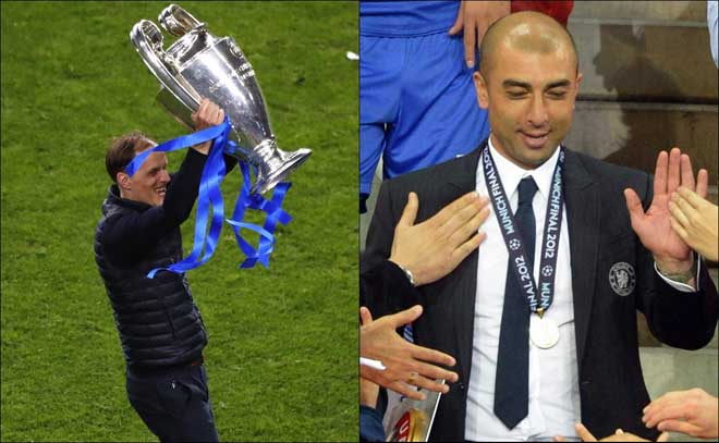 Thomas Tuchel (trái) và trước đó 9 năm là Roberto Di Matteo đều giúp Chelsea xưng vương bóng đá châu Âu khi đến CLB này giữa mùa giải