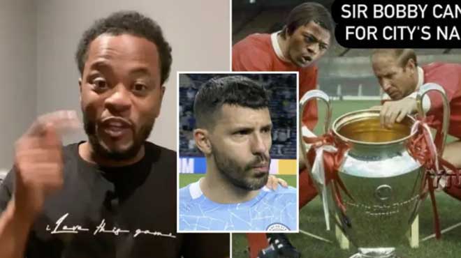 Huyền thoại MU Patrice Evra chế ảnh đang nói chuyện với Sir Bobby Charlton để châm chọc Man City