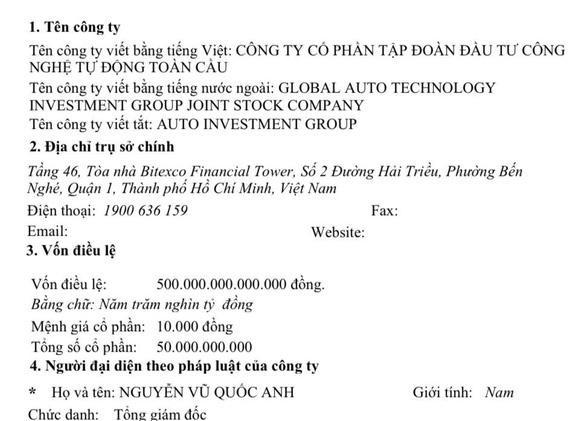 Giấy đăng ký chứng nhận kinh doanh của Công ty CP Tập đoàn Đầu tư Công nghệ Tự động Toàn Cầu có vốn điều lệ lên tới 500.000 tỷ đồng.