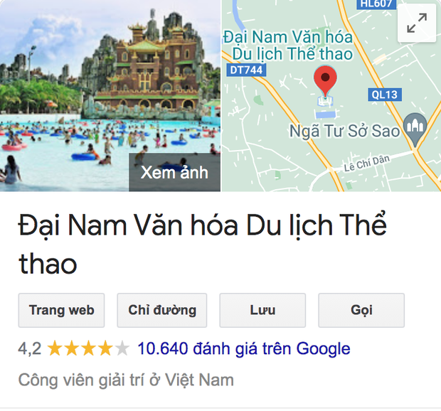 Khu du lịch Đại Nam đạt số điểm 4,2 dựa trên hơn 10 nghìn lượt đánh giá trên Google