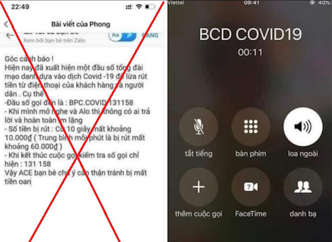 Tin giả về việc bị trừ tiền cước khi bắt máy từ tổng đài BCD COVID19.