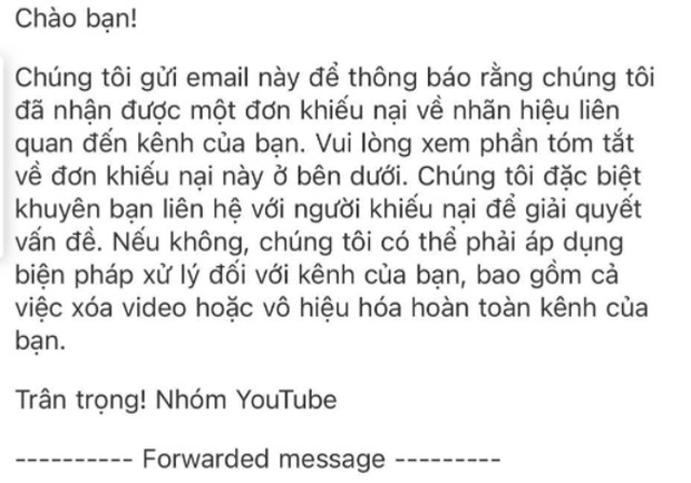 “Tam Mao TV” đã nhận được email thông báo vi phạm bản quyền (quyền tác giả) của YouTube