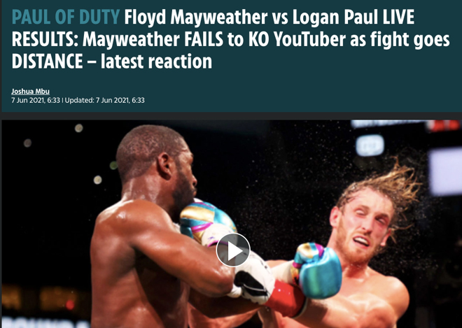 Mayweather (trái) thất bại trong việc knock-out Logan Paul (phải) tờ The Sun (Anh) đăng dòng tít