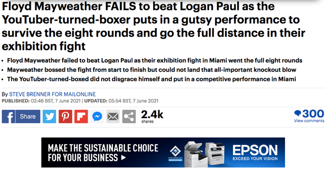 Logan Paul khiến Mayweather hoàn toàn bất lực bằng phong cách "đi bộ" trên sàn đấu, tờ Daily Mail mô tả chiến thuật của tay đấm 26 tuổi