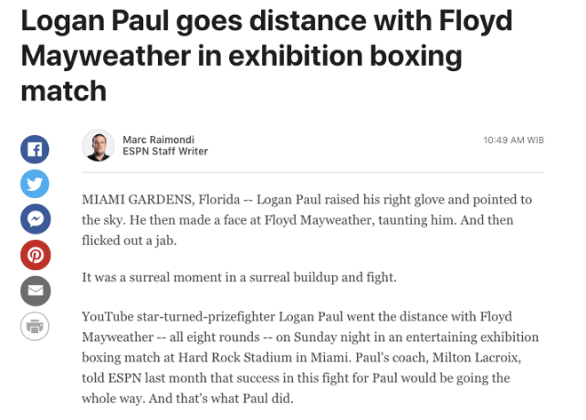 Logan tiến xa sau màn chạm trán Mayweather, tờ ESPN đưa tin