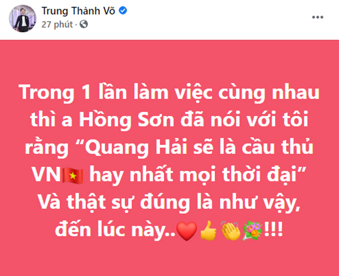 MC Thành Trung đưa ngay nhận xét về Quang Hải sau trận đấu. Quang Hải cũng là 1 trong 4 cầu thủ ghi bàn trong trận VN gặp Indonesia.