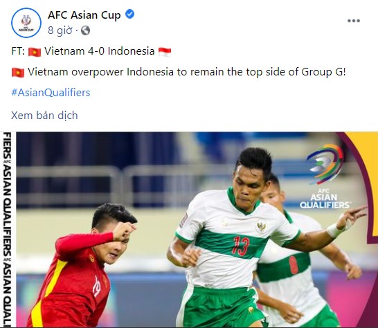 Bài viết trên trang Facebook chính thức của AFC Asian Cup về chiến thắng của tuyển Việt Nam. Dưới bài viết này có rất nhiều bình luận khen ngợi màn trình diễn của thầy trò HLV Park Hang-seo.&nbsp;Ảnh: AFC Asian Cup