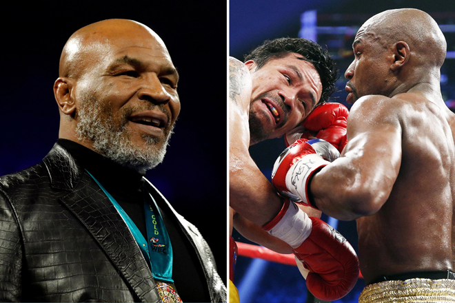 Mike Tyson (trái) kêu gọi Mayweather (phải) đấu Pacquiao (giữa)