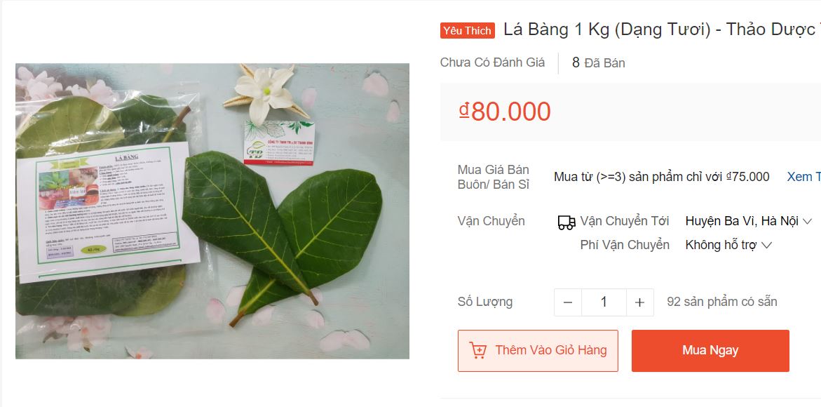 Bài đăng bán lá bàng tươi, giá bán 80.000 đồng/kg ở một sàn thương mại điện tử lớn của nước ta. Ảnh chụp màn hình.