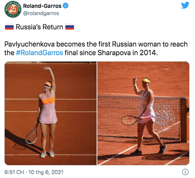 Tài khoản mạng twitter của Roland Garros chúc mừng Pavlyuchenkova