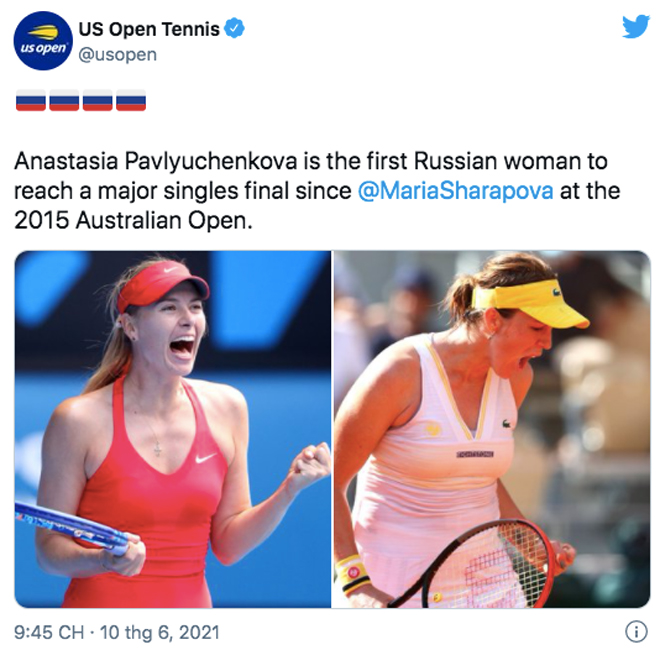 Trang twitter US Open cũng ngợi khen hậu bối của Sharapova