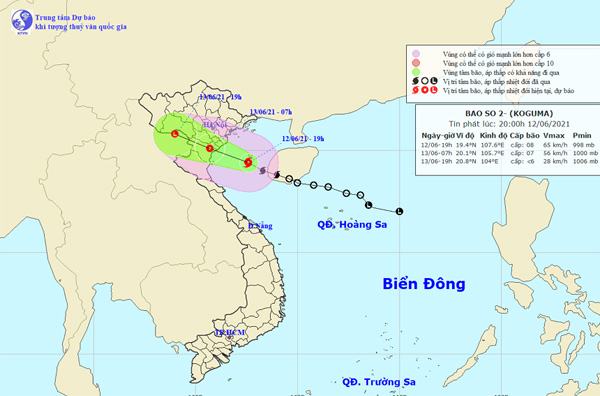 Vị trí và hướng di chuyển tiếp theo của bão số 2 Koguma trên Biển Đông. Ảnh Trung tâm Dự báo KTTVQG.