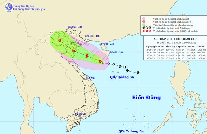 Vị trí và hướng di chuyển tiếp theo của áp thấp nhiệt đới. Ảnh: Trung tâm Dự báo KTTVQG.